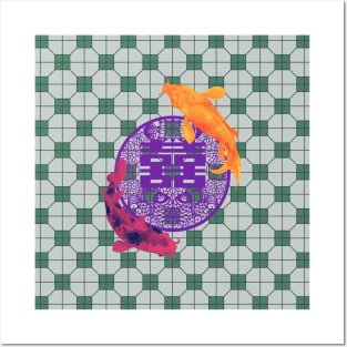 Double Happy Koi Fish - Yoga Calm Vibe Forest Green Tile Floor Pattern Posters and Art